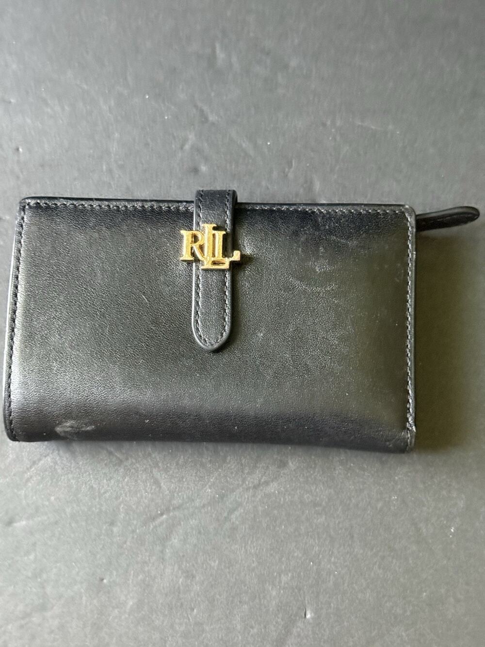 Ralph Lauren Logo Leather Wallet Black Gold Designer Cross Hatch Card Holder